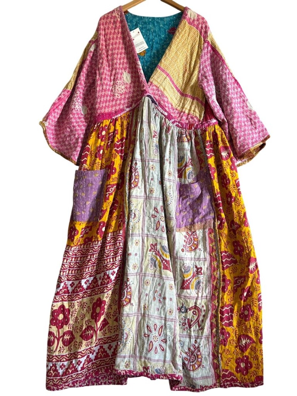 Upcycled Kantha Women's Sz Large Patchwork Maxi Dress With Pockets